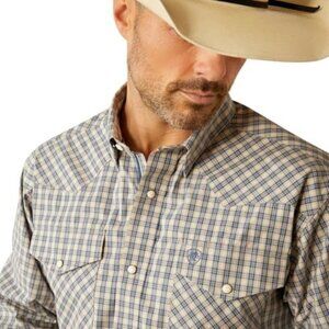 Ariat Pro Men's Long Sleeve Fairbanks Classic Fit Plaid Button Shirt Tan/Blue 10
